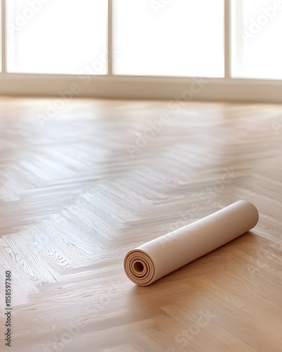 Yoga mat rolled up on polished wooden floor photo