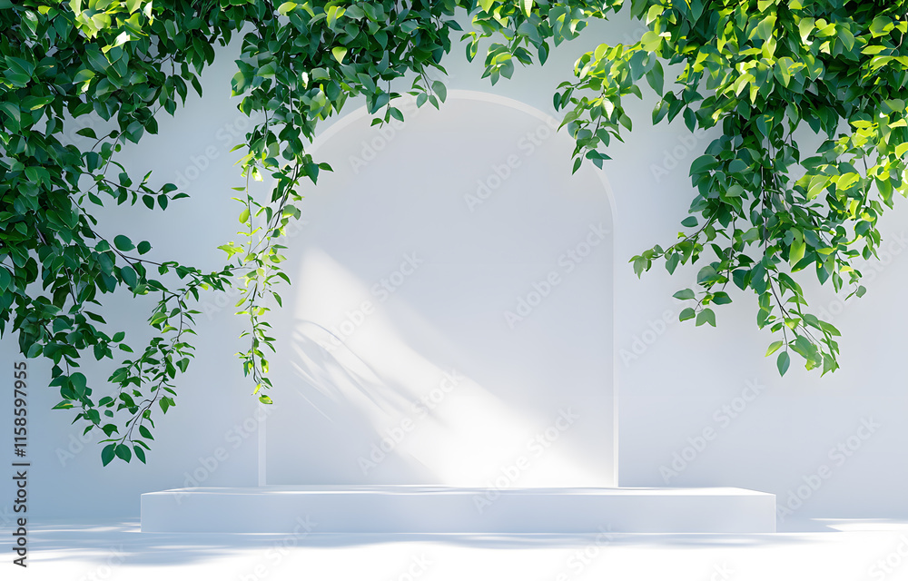 Obraz premium Lush greenery framing minimalist architecture serene outdoor space nature aesthetic tranquil environment inviting viewpoint