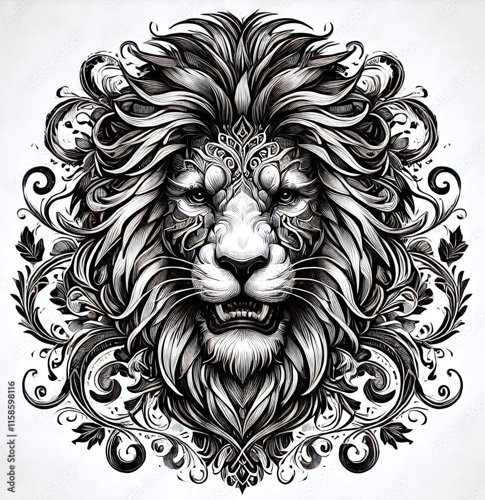 A detailed lion tattoo design with intricate line work and shading, suitable for a large back or arm piece. Generative AI.