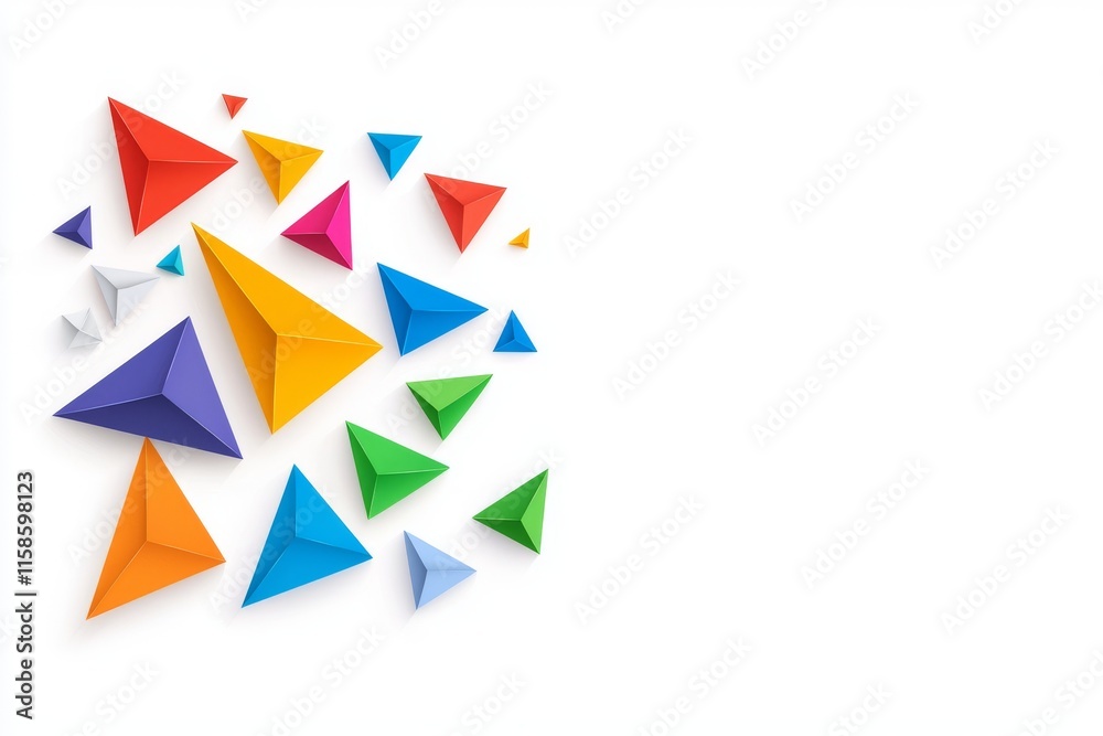 An abstract design with multicolored shapes, each filled with a distinct hue from the rainbow, displayed on a white base. An abstract design with multicolored shapes, each filled with a distinct hue from the rainbow, displayed on a white base.