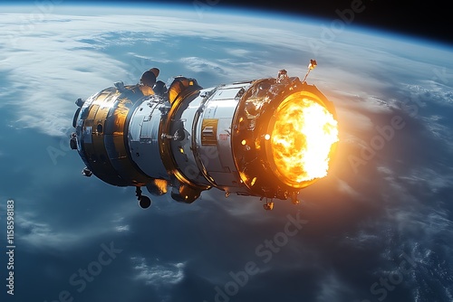 Spacecraft re-entry with fiery engine thrust.