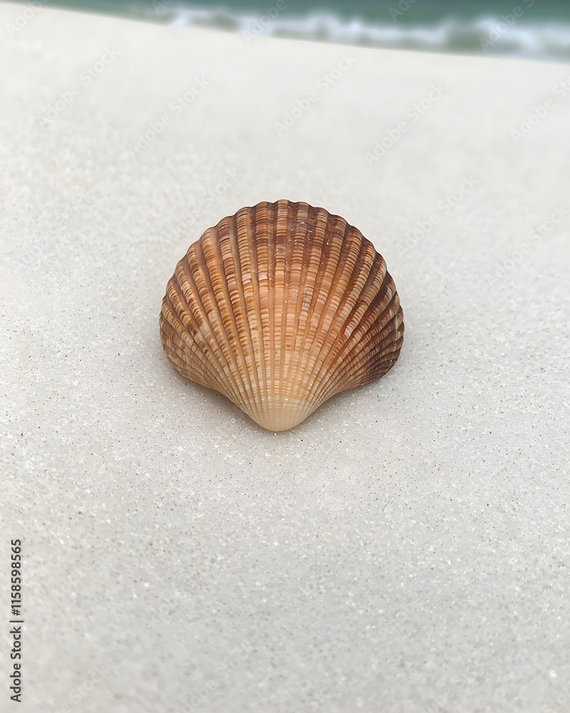 Close-up of a scallop shell on pristine sandy beach Close-up of a scallop shell on pristine sandy beach