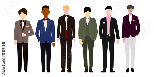 The groom. Wedding men's suit, tuxedo. Design for greeting and invitation card. Flat style vector illustration