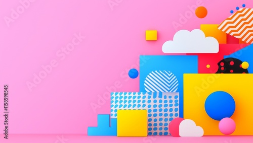 A whimsical pink backdrop adorned with Memphis Design-inspired geometric shapes and patterns.