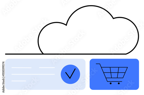 Cloud shape above an interface with a checkmark in a blue circle and a shopping cart icon. Ideal for online retail, cloud technology, cybersecurity, e-commerce, digital transactions, data storage