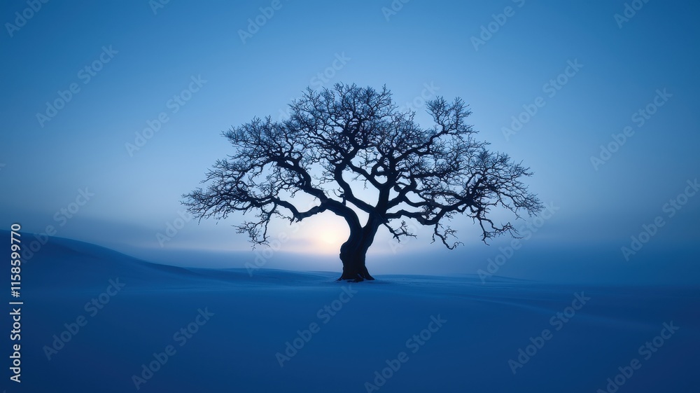 Lone tree silhouetted against a blue winter dusk sky. Lone tree silhouetted against a blue winter dusk sky.