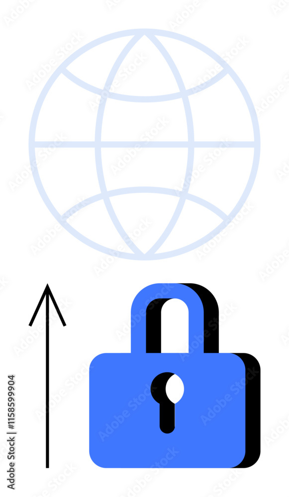 Lock icon below globe with upward arrow illustrating secure data transmission and online safety. Ideal for cybersecurity, online protection, data privacy, secure connections, internet safety Lock icon below globe with upward arrow illustrating secure data transmission and online safety. Ideal for cybersecurity, online protection, data privacy, secure connections, internet safety