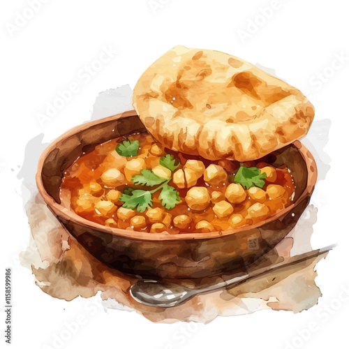 A watercolor vector painting of Indian chole bhature with chickpeas and fried bread, isolated on a white background. Indian dish vector.

