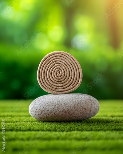 Serene stone arrangement with spiral design on green grass photo