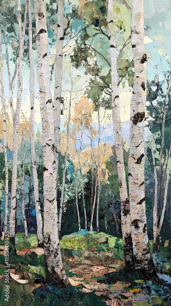 Obraz premium green birch trees and a forest illustration poster background