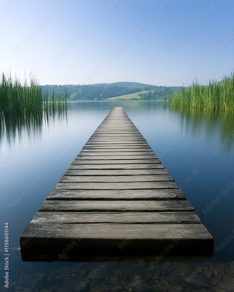 Fototapeta premium Serene wooden pier extending into a tranquil lake