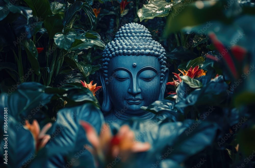A close-up of the Buddha's face surrounded by lush greenery, symbolizing harmony and inner peace in nature A close-up of the Buddha's face surrounded by lush greenery, symbolizing harmony and inner peace in nature