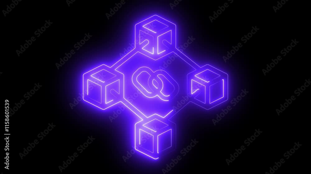 Blockchain icon animation by purple color neon on black background. Blockchain icon animation by purple color neon on black background.
