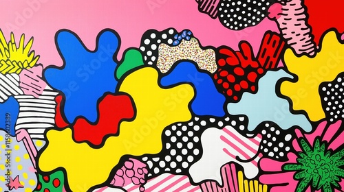 Colorful abstract shapes and patterns in pop art style photo