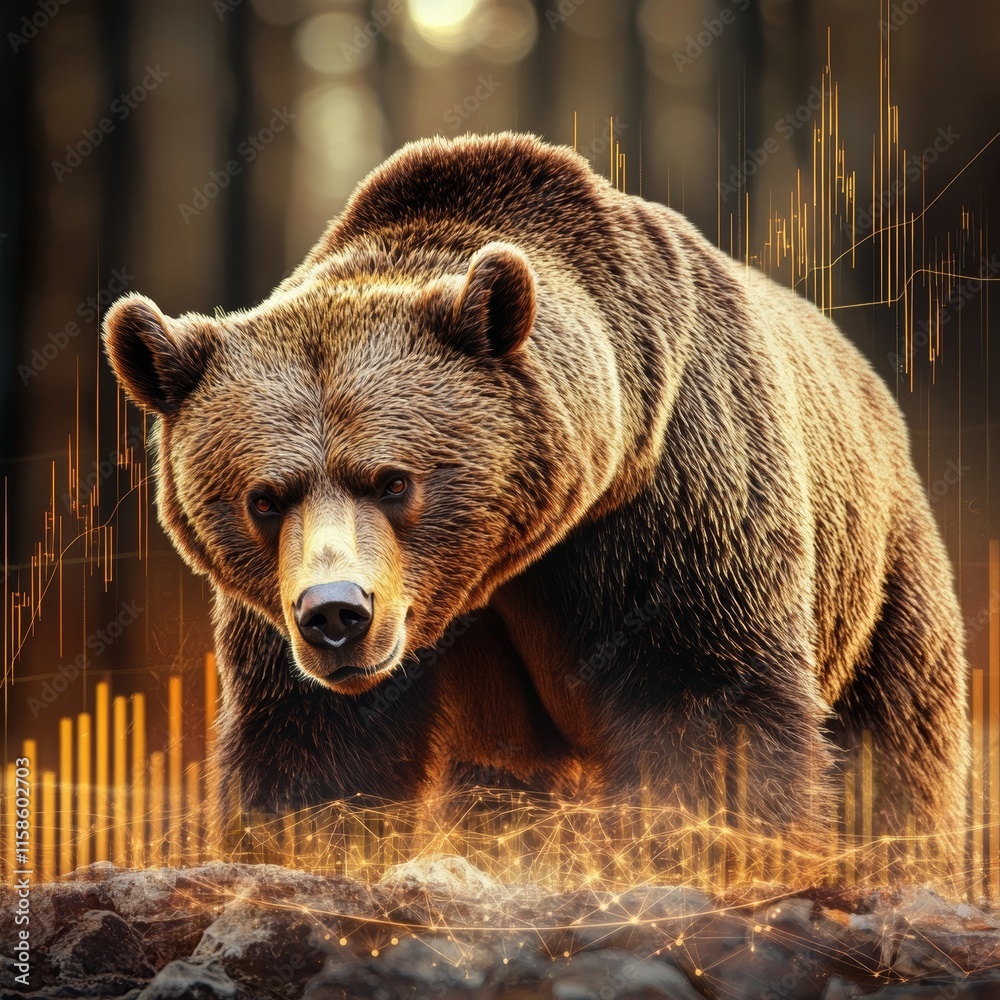 Obraz premium Bear Market Brown Bear and Stock Market Graph Overlay