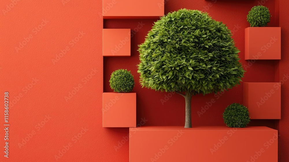 Fototapeta premium Plane tree abstract background idea. A vibrant green tree against a bold red background, showcasing modern design elements.