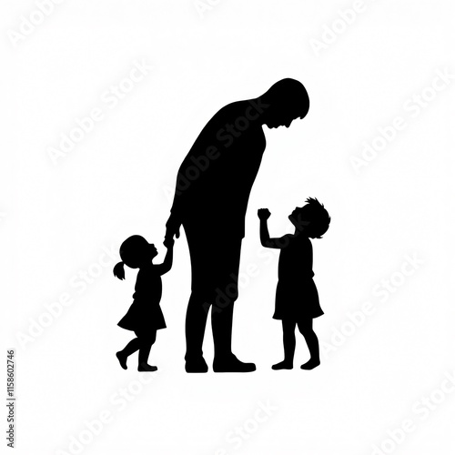 Silhouette of a Father and His Two Children: A heartwarming depiction of paternal love and family bond. photo