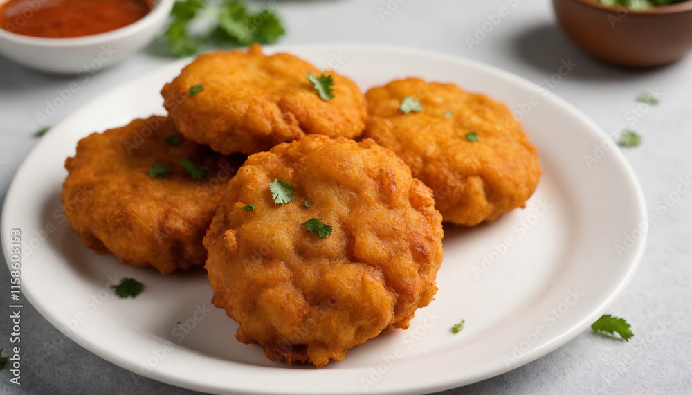 Crispy Pakora in close-up style in golden-brown colors for appetizing snack with copy space Crispy Pakora in close-up style in golden-brown colors for appetizing snack with copy space