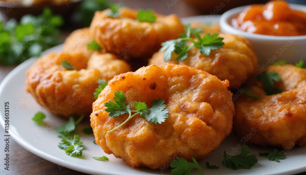 Crispy Pakora in close-up style in golden-brown colors for appetizer Crispy Pakora in close-up style in golden-brown colors for appetizer