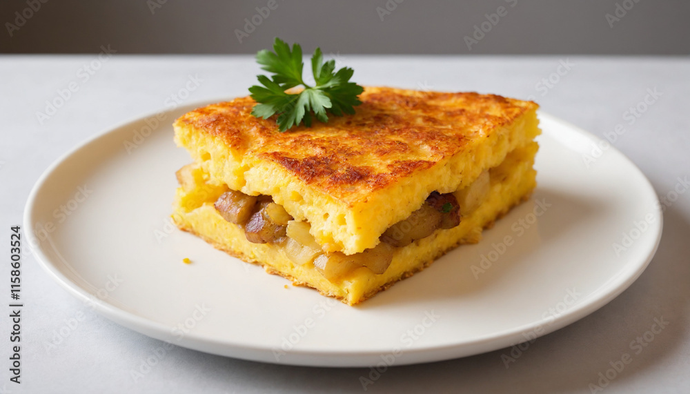 Tortilla Española in a close-up shot in golden-brown colors with copy space Tortilla Española in a close-up shot in golden-brown colors with copy space