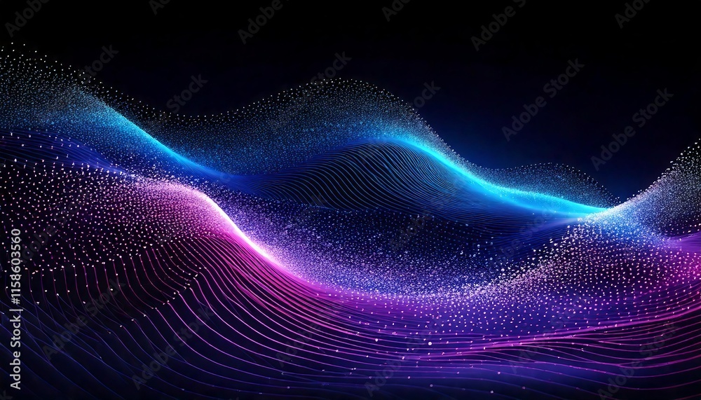 Dynamic image of flowing waves made of thousands of tiny glowing particles in gradient shades of blue and purple, futuristic motion design