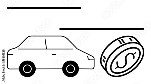 Car and coin illustration signifying financial transactions, savings, and automotive expenses. Ideal for finance, auto sales, loans, insurance, savings budgeting transportation economy themes. Line