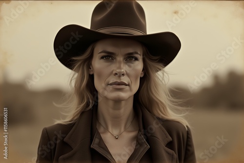 Confident Female Cowgirl in a Wide-Brimmed Hat Outdoors