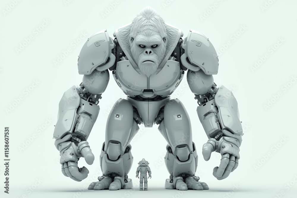 Giant Robotic Gorilla and Small Human Figure in Futuristic Design Giant Robotic Gorilla and Small Human Figure in Futuristic Design