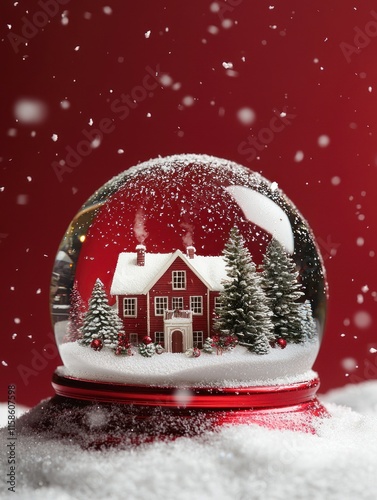 Charming Snow Globe with a Winter Scene Featuring a Cozy House Surrounded by Snow-Covered Trees and a Festive Red Background, Perfect for Holiday Celebrations