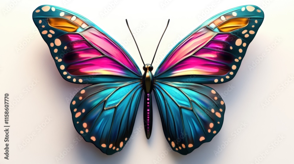 Fototapeta premium Vibrant iridescent butterfly wings against white background, showcasing exquisite details and rich colors a stunning digital art