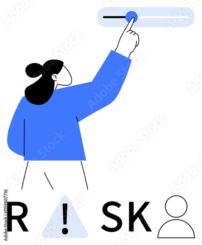 Person adjusting a slider with a finger, indicating risk level. Features caution symbol and user icon below. Ideal for risk management, business strategy, finance, safety protocols, decision-making