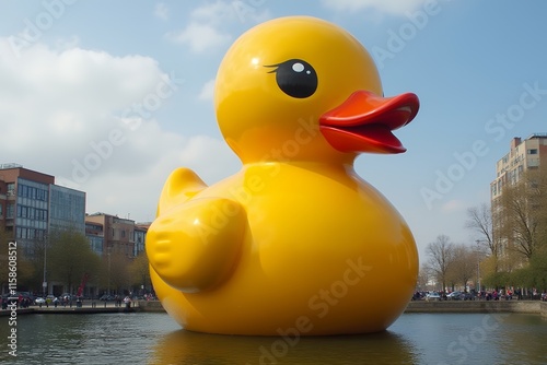 Giant Yellow Rubber Duck Floating in Urban Pond