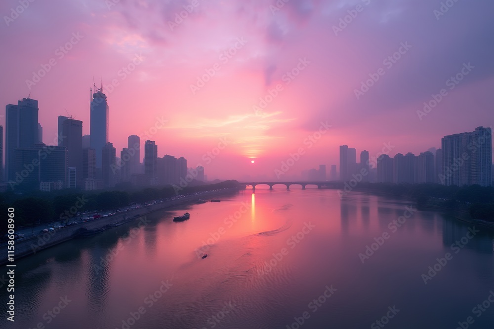 Fototapeta premium Serene Sunset Over Urban Skyline and River