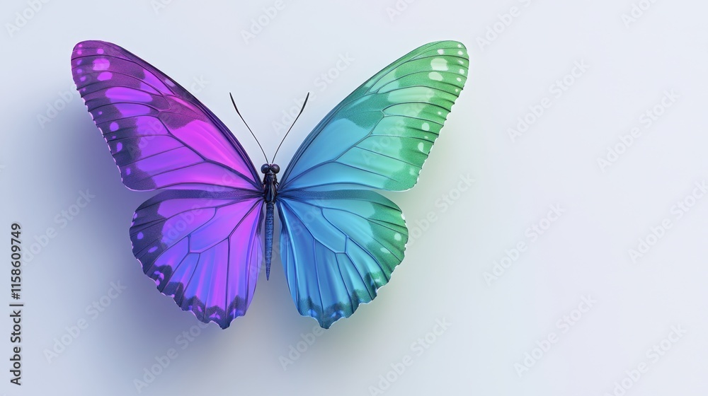 Obraz premium Vibrant Iridescent Butterfly Wings Displaying a Stunning Spectrum of Teal Purple Hues Against a White Background