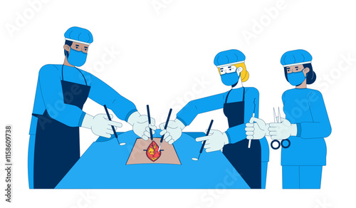 Surgical team in blue scrubs performing operation 2D cartoon characters. Diverse surgeons working together with scalpels isolated people flat vector on white background. Spot illustration colorful