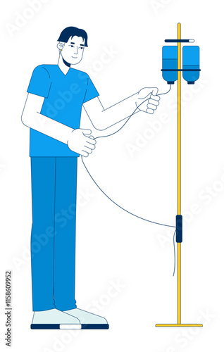 Asian male nurse in scrubs adjusting IV stand with infusion bags 2D cartoon character. Korean man healthcare worker murse isolated person flat vector on white background. Spot illustration colorful