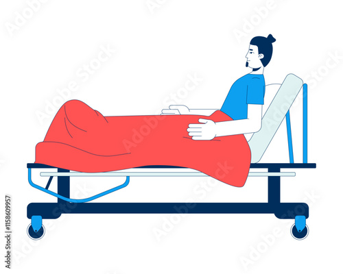 Caucasian man patient reclining on hospital bed with blanket 2D cartoon character. Hospitalization. Bedridden guy recovery in sickbed isolated person flat vector on white. Spot illustration colorful