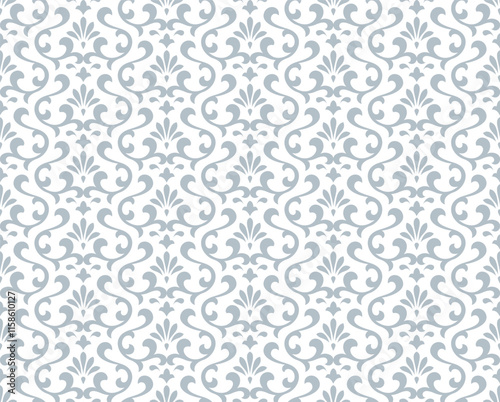 Floral pattern. Vintage wallpaper in the Baroque style. Seamless vector background. White and gray ornament for fabric, wallpaper, packaging. Ornate Damask flower ornament