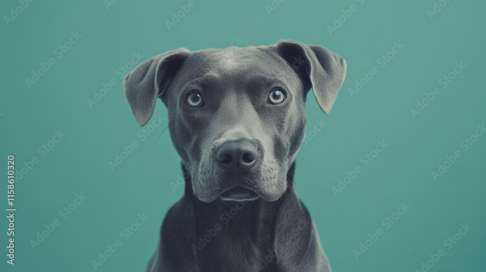 A close-up of a serious-looking black dog against a teal background, showcasing its expressive eyes and sleek fur. A close-up of a serious-looking black dog against a teal background, showcasing its expressive eyes and sleek fur.