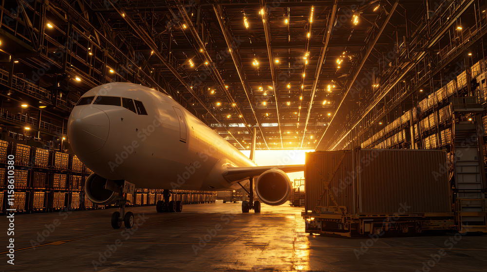 cargo airplane in warehouse illuminated by warm light, showcasing industrial storage cargo airplane in warehouse illuminated by warm light, showcasing industrial storage