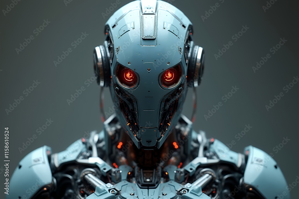 Fototapeta premium Futuristic Robot Portrait with Glowing Eyes and Metallic Finish