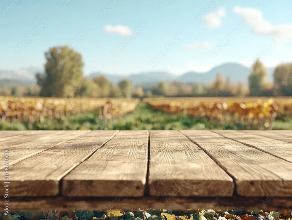A rustic wooden table is set in the foreground, perfect for product display, with a blurred scenic vineyard and mountain view in the background. A rustic wooden table is set in the foreground, perfect for product display, with a blurred scenic vineyard and mountain view in the background.