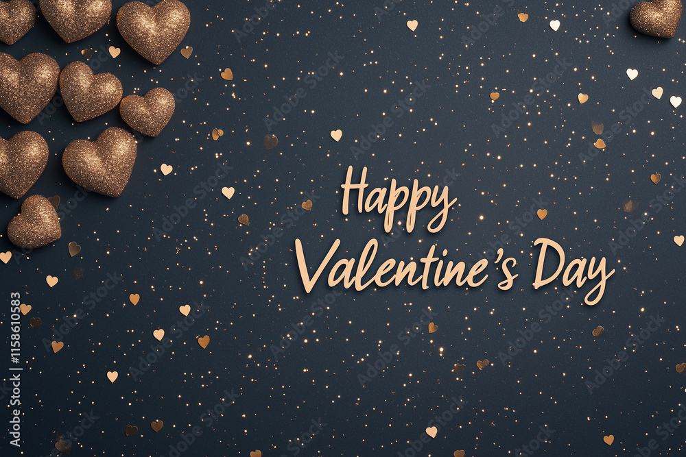 Fototapeta premium Happy Valentine's Day with golden hearts on a dark background. Beautiful greeting card design.