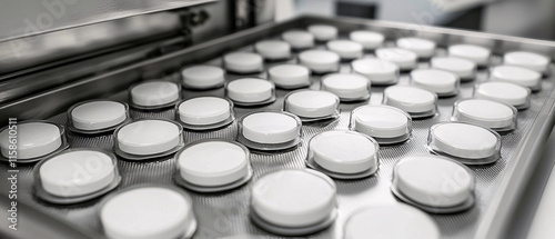 A close-up of circular white containers arranged neatly on a metallic tray, likely part of a pharmaceutical or laboratory setting. photo