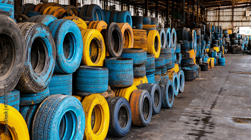 A colorful stack of used tires in a warehouse setting, showcasing a mix of blue and yellow tires arranged in an industrial environment.