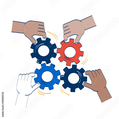 Collaborative effort teamwork cogs doodle illustration concept. Problem solving. Four diverse hands turning interlocked gears cartoon 2D composition isolated on white. Hand drawn vector drawing