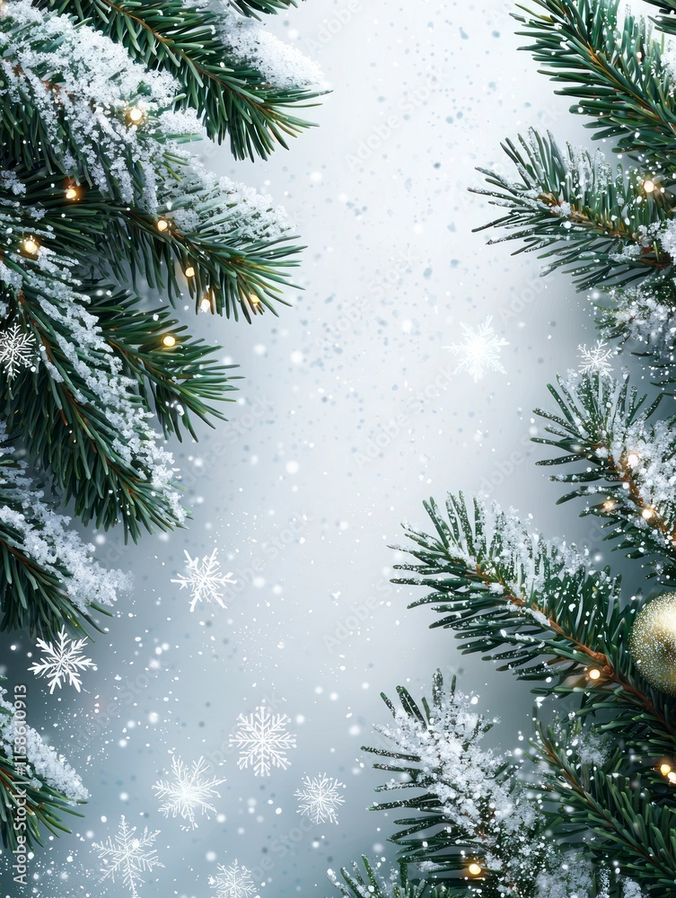 Festive Snowy Christmas Background with Lush Greenery and Delicate Snowflakes for Elegant Seasonal Designs and Illustrations Festive Snowy Christmas Background with Lush Greenery and Delicate Snowflakes for Elegant Seasonal Designs and Illustrations