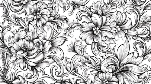 A sophisticated floral seamless pattern with intricate vector designs and elegant motifs set against a white background. 