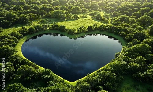 Heart shaped lake surrounded by lush green trees photo