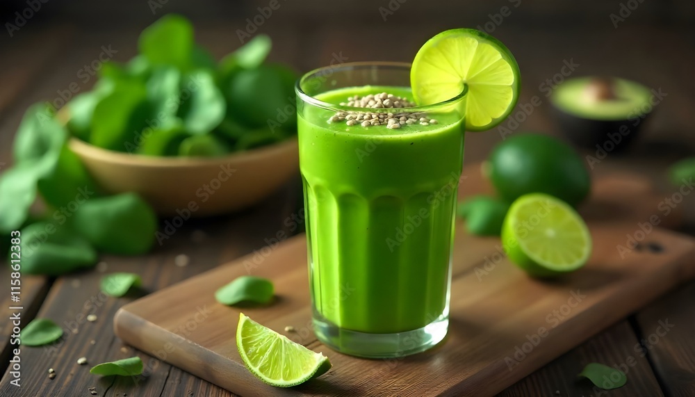 A glass of kale, spinach, and avocado smoothie, garnished with chia seeds and a slice of lime, surrounded by raw ingredients on a wooden table. Stock photography 32K, UHD, Ultra HD quality, high quali